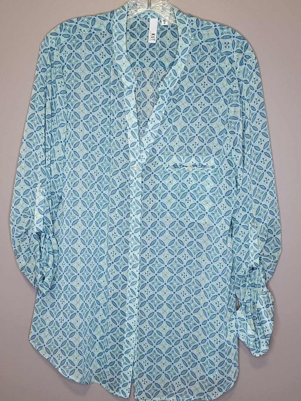 KUT From the Kloth Blue Geometric Print Blouse XL Lightweight Button Front